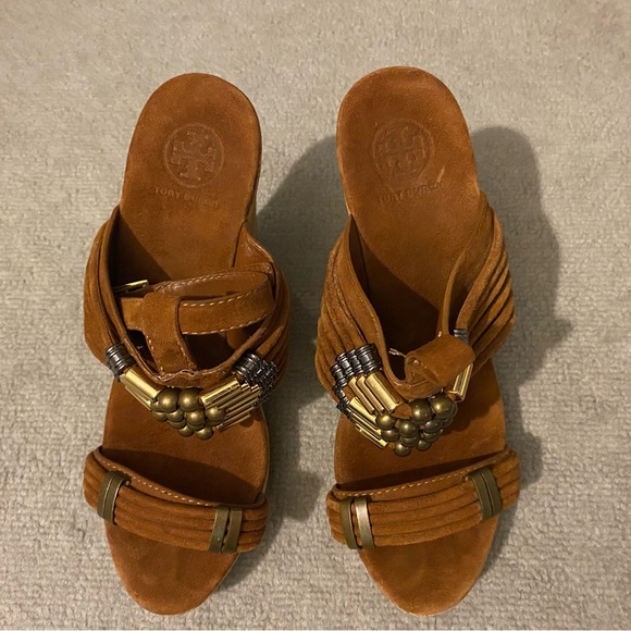 Tory Burch Wedge Heels Women’s 9M Brown Leather Cork Beaded *Missing Ankle Strap - Picture 6 of 12